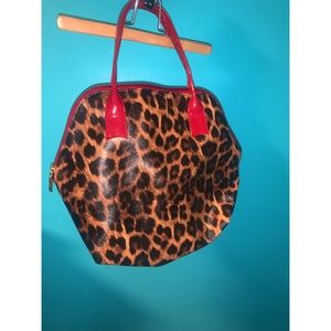 ELIZABETH ARDEN LEOPARD PRINT PURSE WITH RED HANDLES